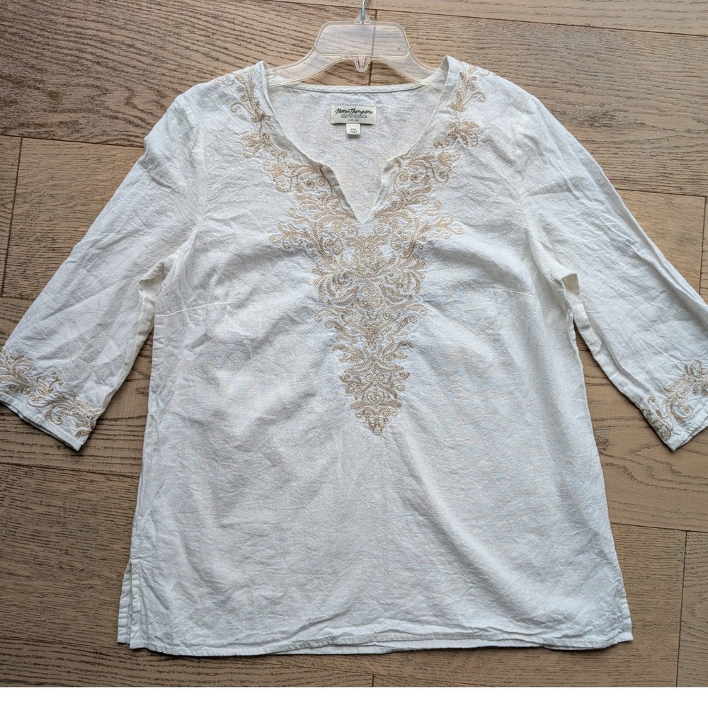 Norm Thompson Embroidered Linen‎ Blend Top Cream Beige Petite Medium PM Boho